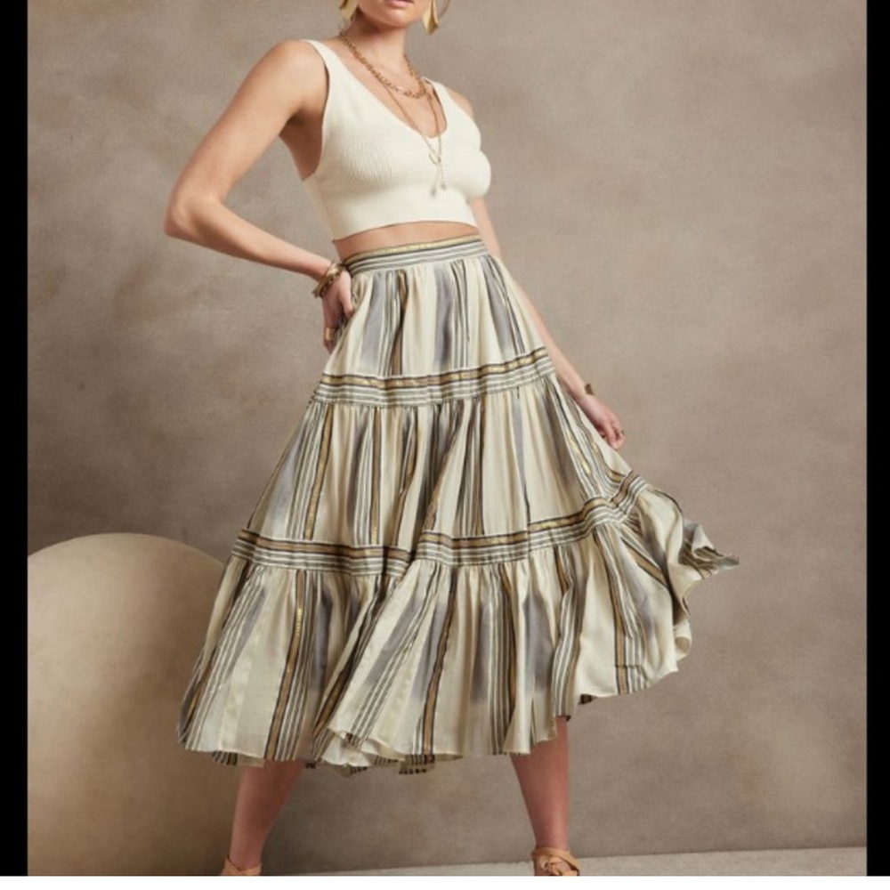 Banana Republic Zephyr Midi Skirt Gauzy Cream Gold Striped Midi Skirt
